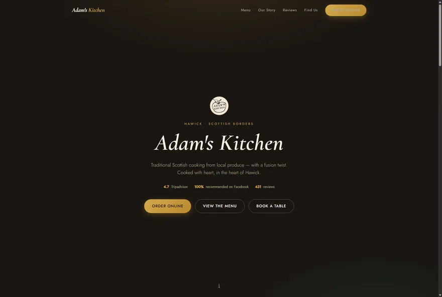 Adam's Kitchen — restaurant website and commission-free online ordering app, Hawick