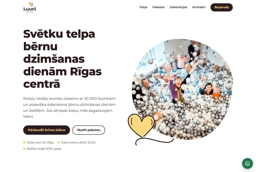 Luuni — children's birthday party venue website with online booking, Riga, Latvia