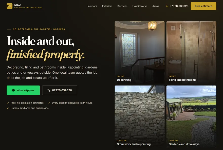 M&J Property Maintenance — property maintenance website with a gallery of real jobs, Coldstream