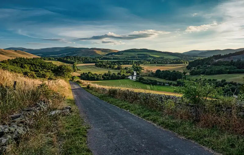 A narrow country lane between drystone walls leading down into a green Borders valley, with rolling hills under an evening sky.