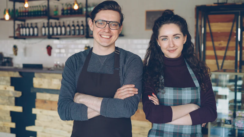 Two smiling café owners in aprons stand side by side in front of their counter and shelves of bottles.