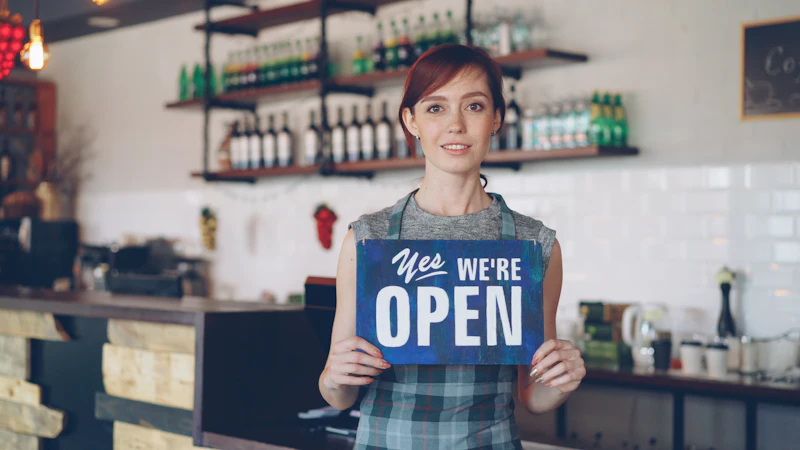 A young business owner in a tartan apron holds up a sign reading “Yes, we’re open” behind her counter.