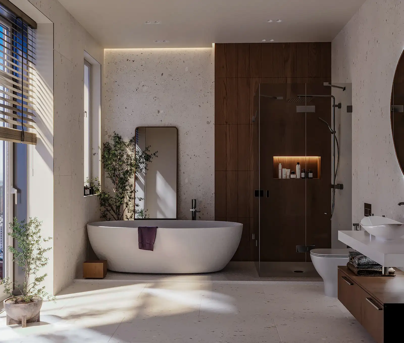 Bathroom with a freestanding white bath, a walnut-panelled walk-in shower with lit niche, and a wall-hung basin